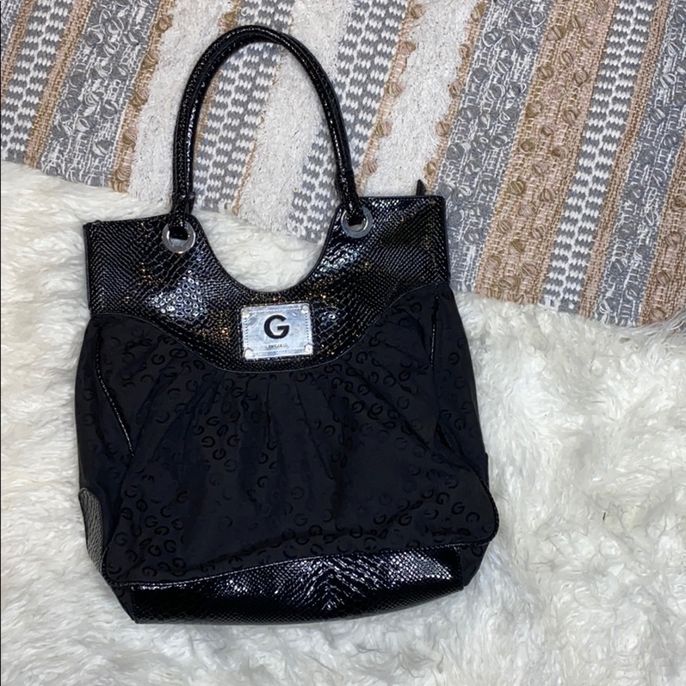 G By Guess Large Black Monogram Bag Croc Silver